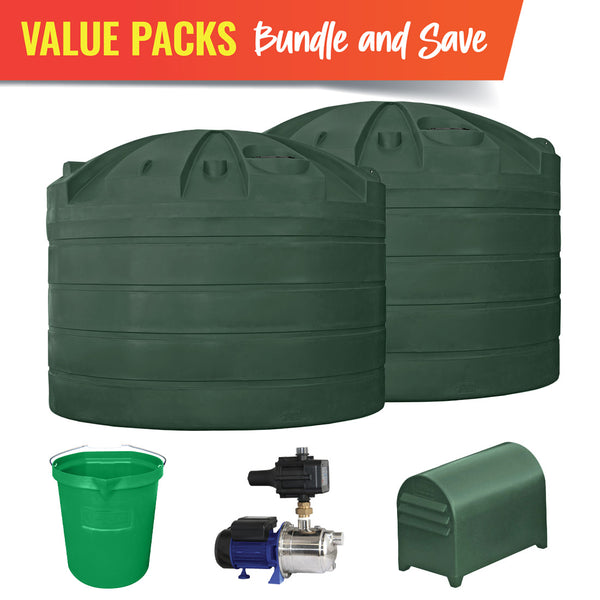 2x 32000L Rainwater Tanks + Small Pump + Pump Cover + Rapid Tough Bucket Bundle